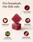 Five botanicals, one little cube: chili pepper, maca root, muira puama, epimedium, ginger root