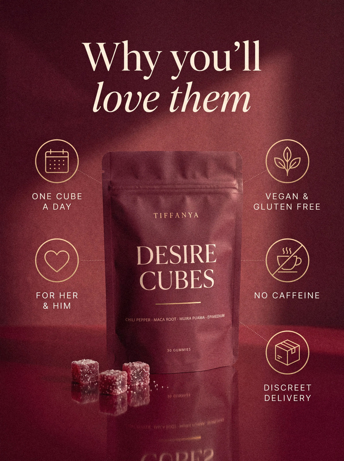 Why you'll love Desire Cubes: one cube a day, for her and him, vegan and gluten free, no caffeine, discreet delivery