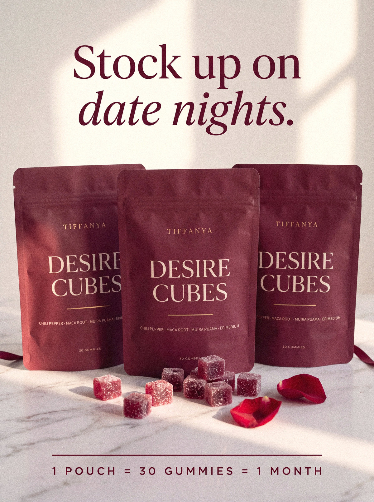 Stock up on date nights: 1 pouch = 30 gummies = 1 month