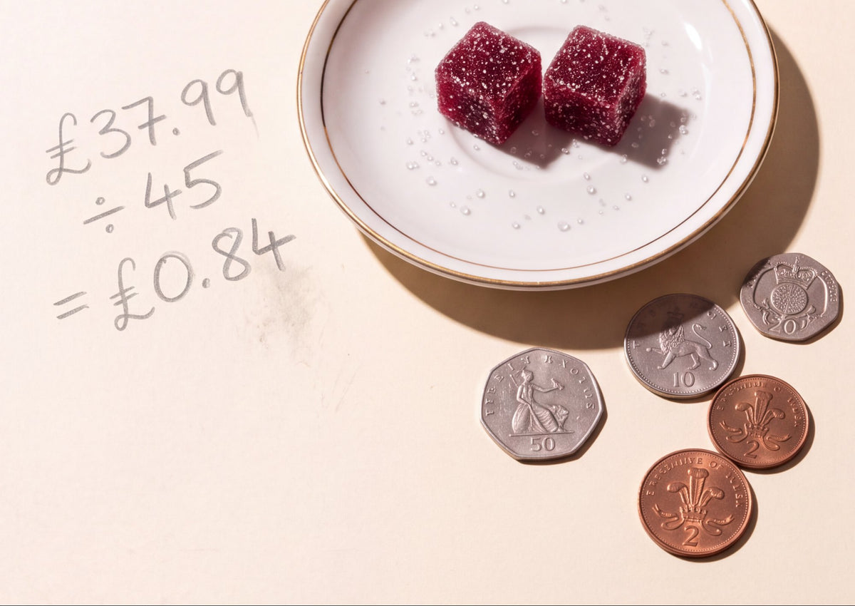Two Desire Cubes on a saucer next to coins and a pencilled sum