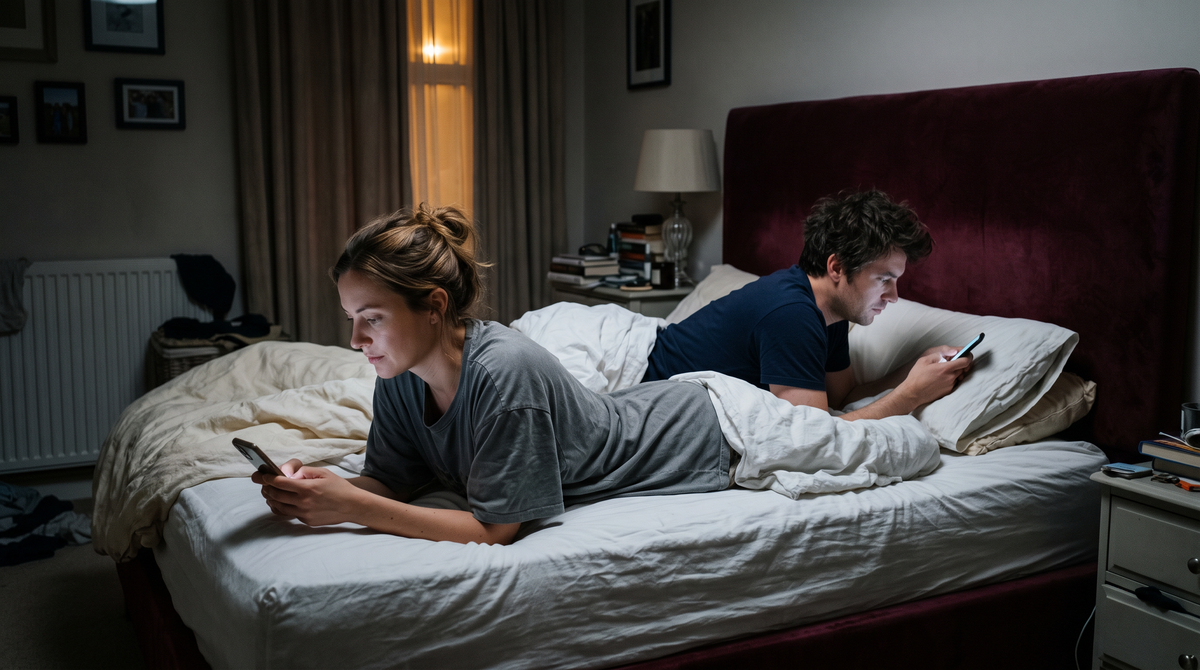 A couple in bed, each scrolling their own phone
