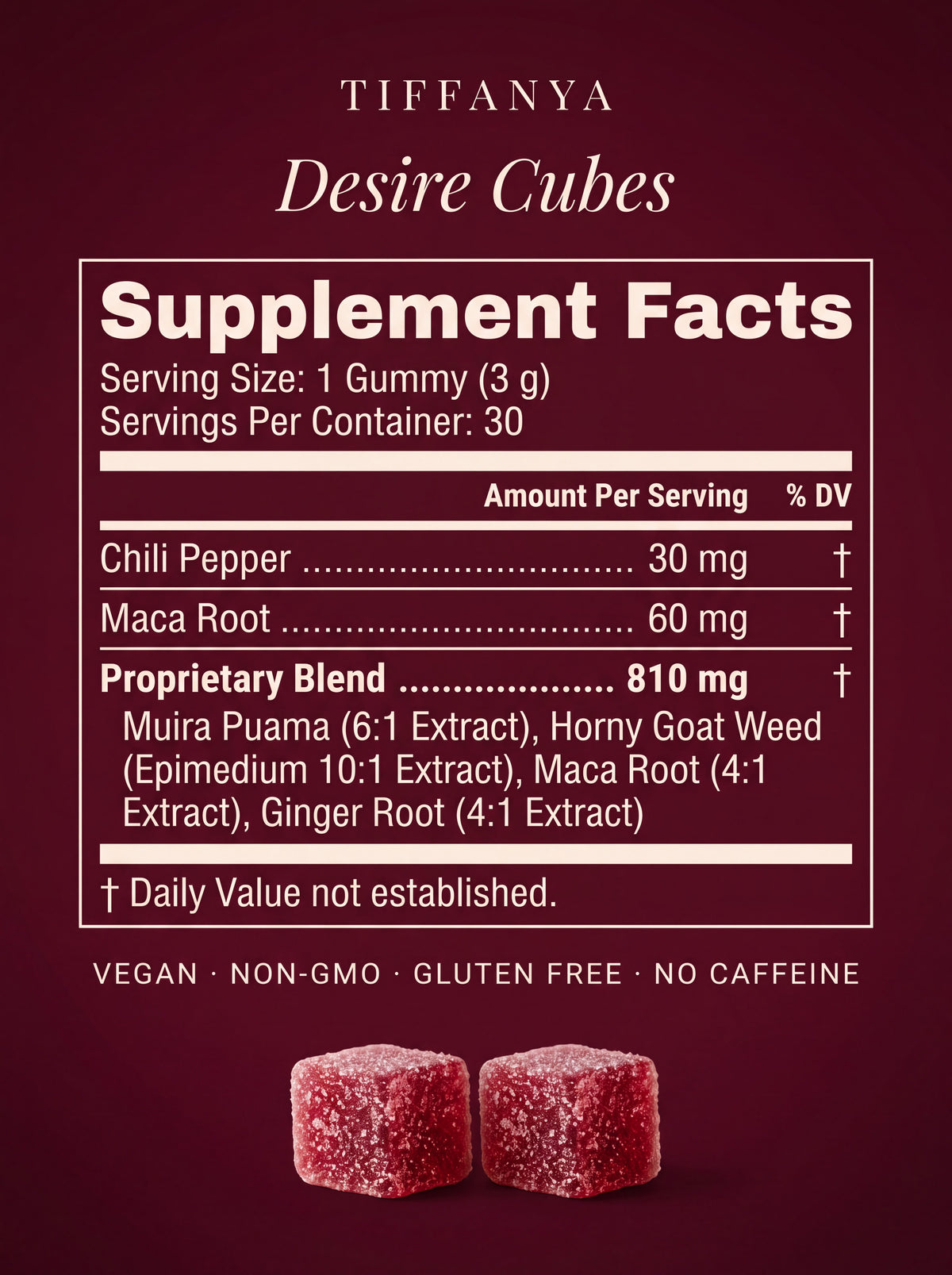Desire Cubes Supplement Facts: per gummy (3 g), chili pepper 30 mg, maca root 60 mg, proprietary blend 810 mg