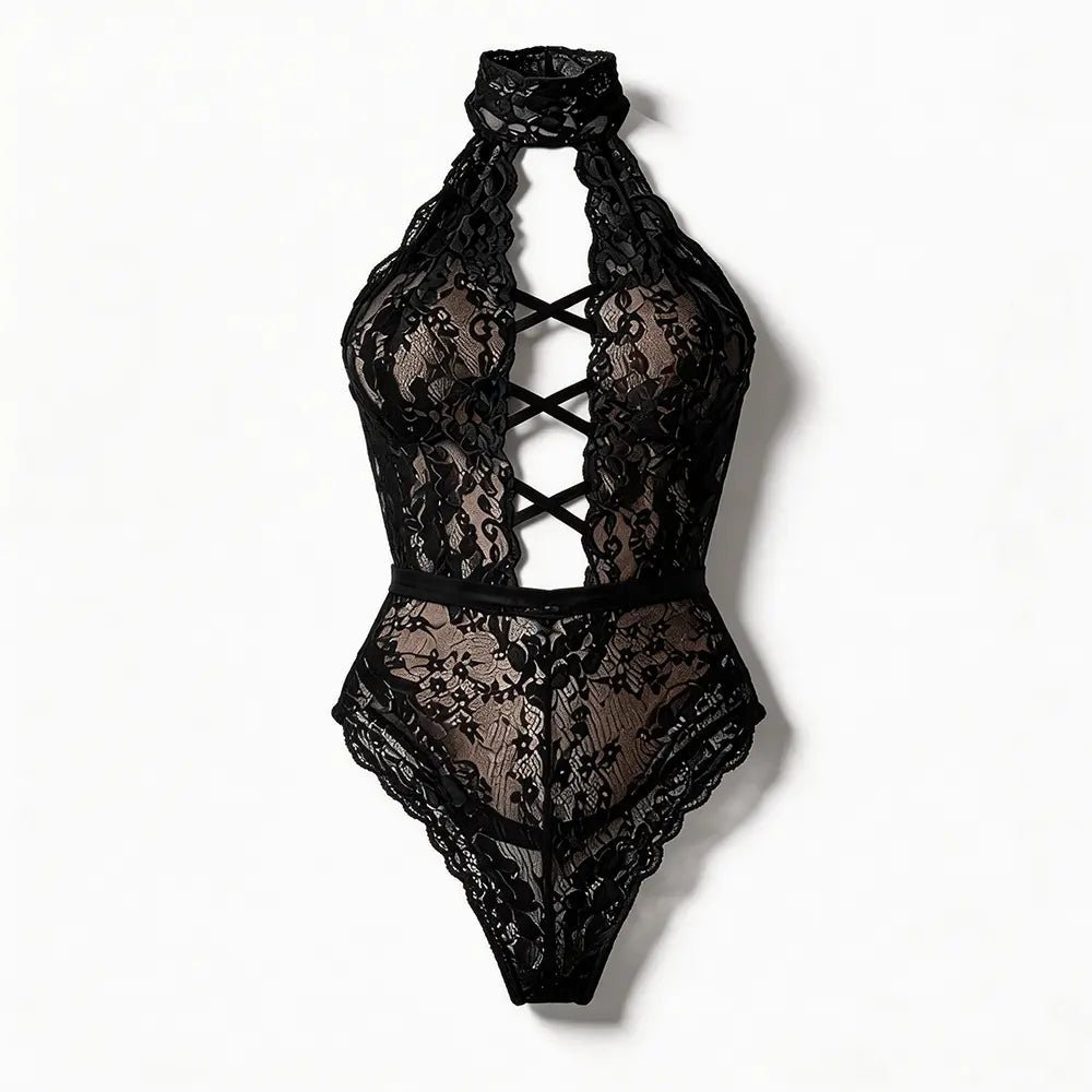 Tiffanya Halter Neck Lace-Up Lace Bodysuit – Black – Positano - Tiffanya Store
