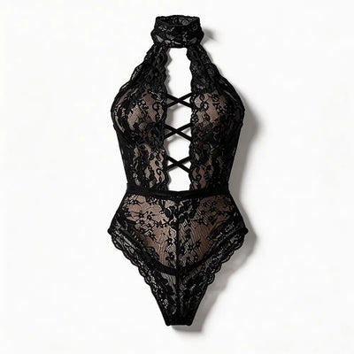 Tiffanya Halter Neck Lace-Up Lace Bodysuit – Black – Positano