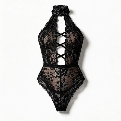 Tiffanya Halter Neck Lace-Up Lace Bodysuit – Black – Positano