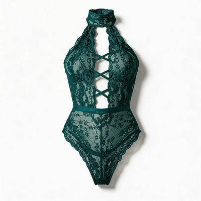 Tiffanya Halter Neck Lace-Up Lace Bodysuit – Green – Positano