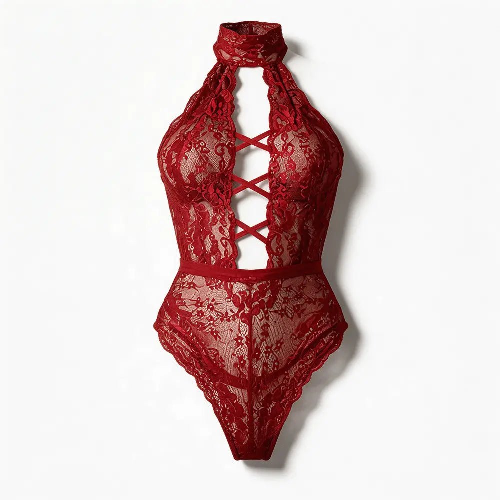 Tiffanya Halter Neck Lace-Up Lace Bodysuit – Red – Positano - Tiffanya Store