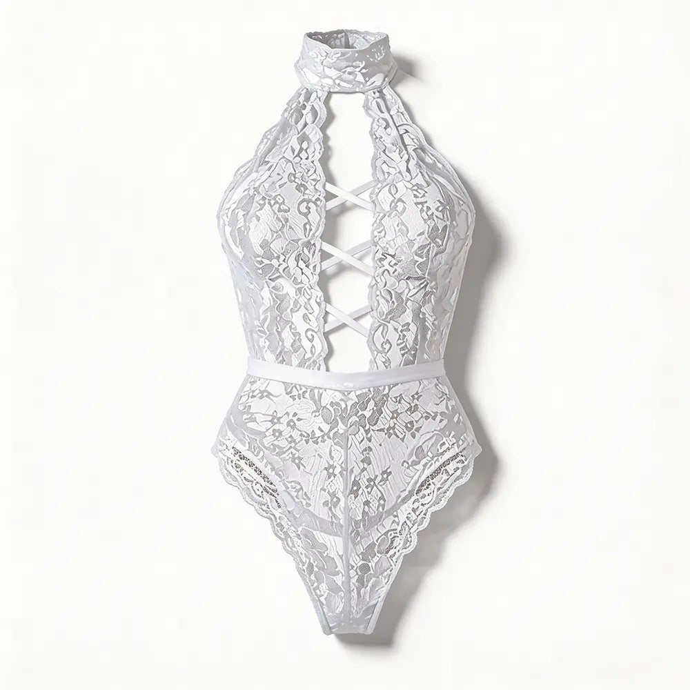 Tiffanya Halter Neck Lace-Up Lace Bodysuit – White – Positano - Tiffanya Store