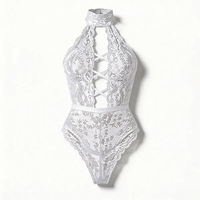 Tiffanya Halter Neck Lace-Up Lace Bodysuit – White – Positano