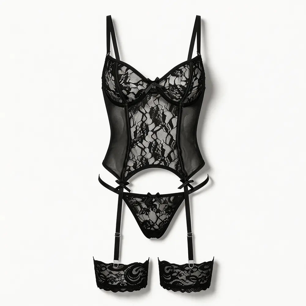 Tiffanya Lace Corset Lingerie Set with Garter Belt – Black – Milano - Tiffanya Store