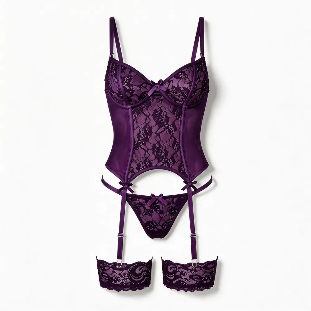 Tiffanya Lace Corset Lingerie Set with Garter Belt – Purple – Milano - Tiffanya Store