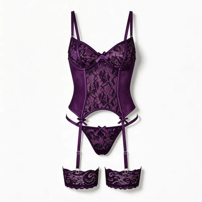 Tiffanya Lace Corset Lingerie Set with Garter Belt – Purple – Milano