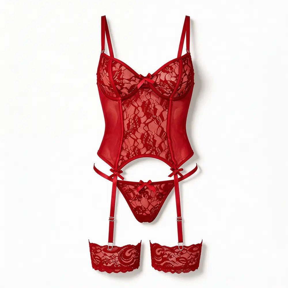 Tiffanya Lace Corset Lingerie Set with Garter Belt – Red – Milano - Tiffanya Store
