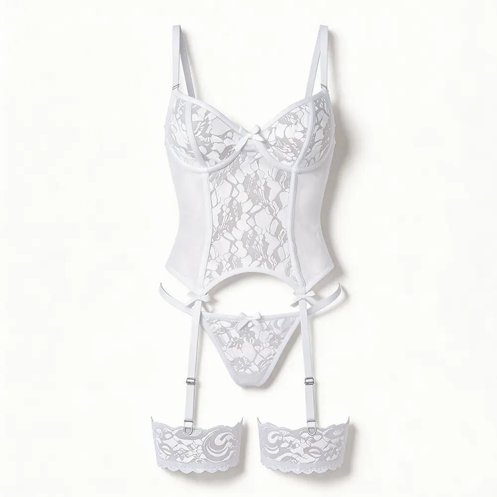 Tiffanya Lace Corset Lingerie Set with Garter Belt – White – Milano - Tiffanya Store