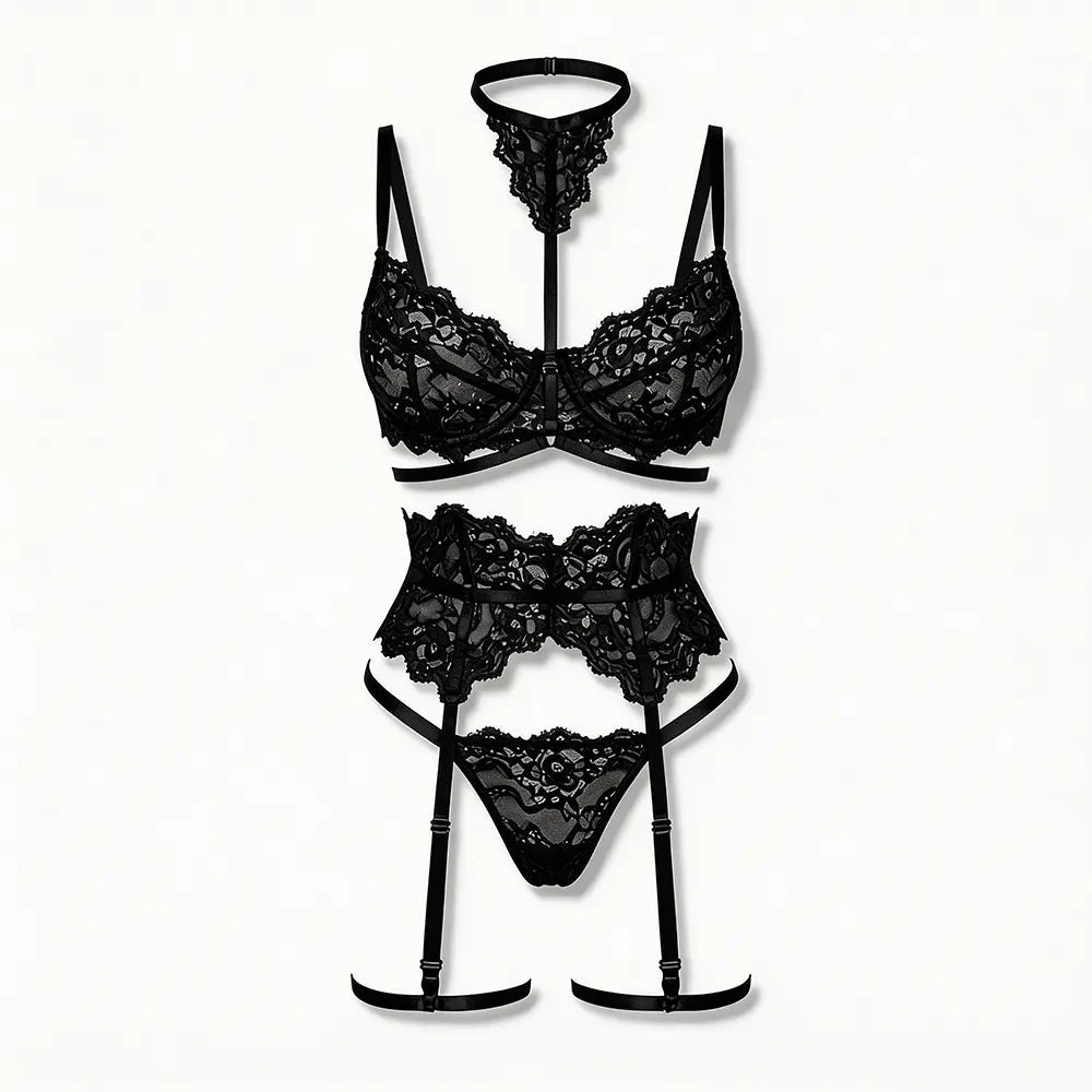 Tiffanya Lace Lingerie Set with Choker &amp; Garter Belt – Black – Portofino - Tiffanya Store