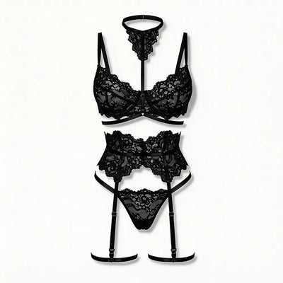Tiffanya Lace Lingerie Set with Choker & Garter Belt – Black – Portofino