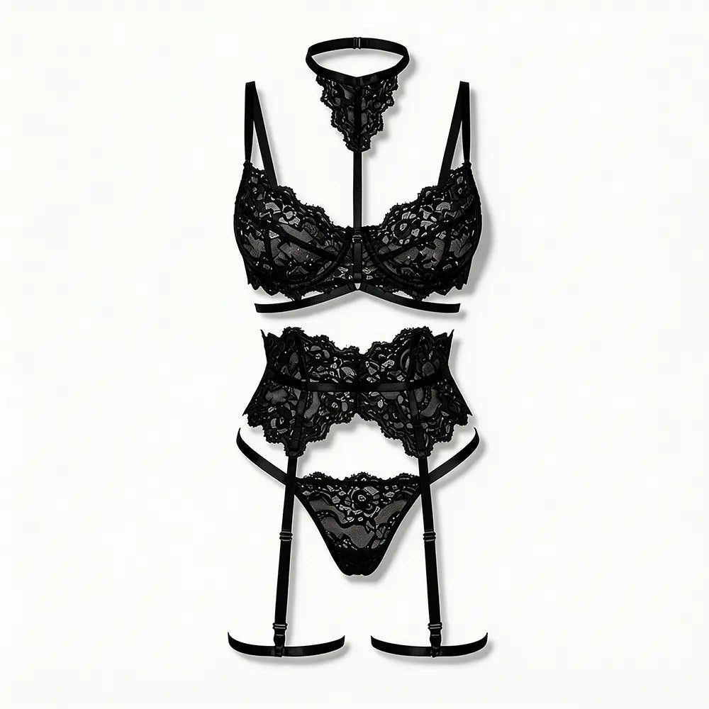 Tiffanya Lace Lingerie Set with Choker & Garter Belt – Black – Portofino - Tiffanya Store
