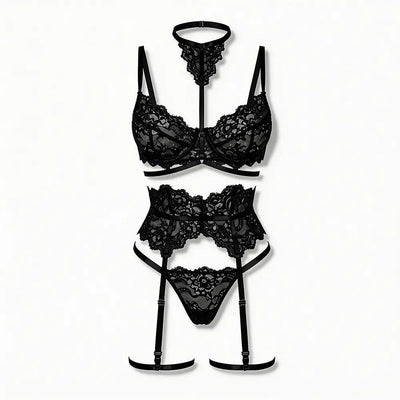Tiffanya Lace Lingerie Set with Choker & Garter Belt – Black – Portofino