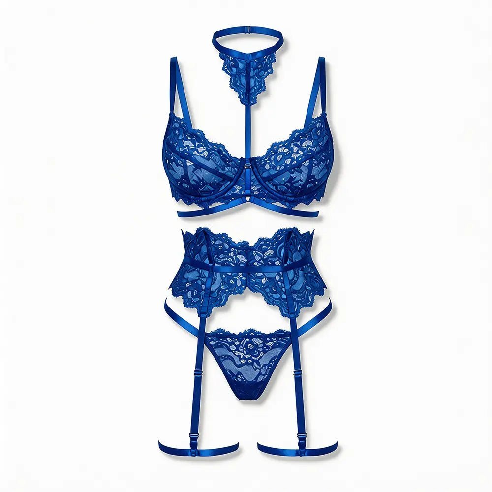 Tiffanya Lace Lingerie Set with Choker & Garter Belt – Blue – Portofino - Tiffanya Store