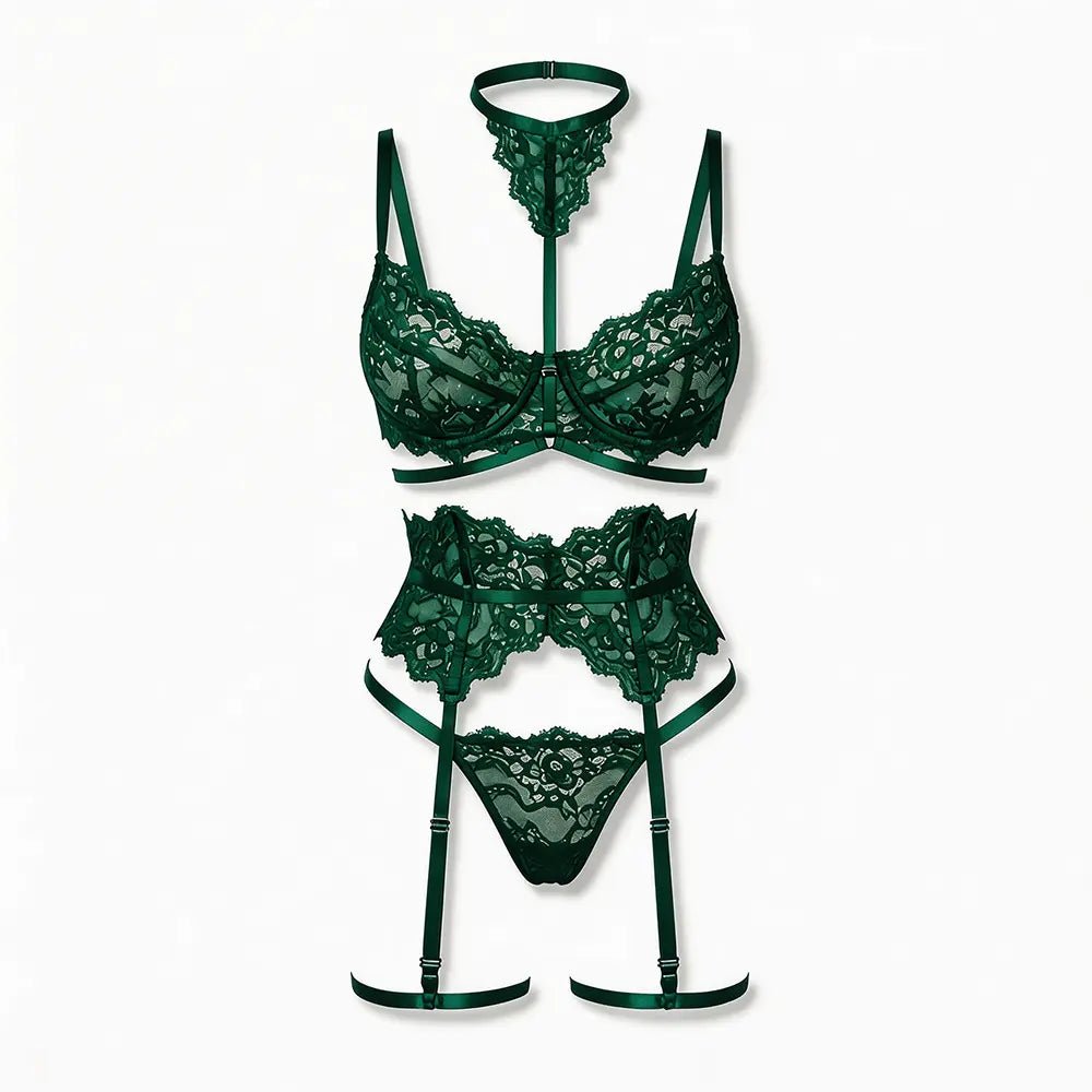Tiffanya Lace Lingerie Set with Choker &amp; Garter Belt – Green – Portofino - Tiffanya Store