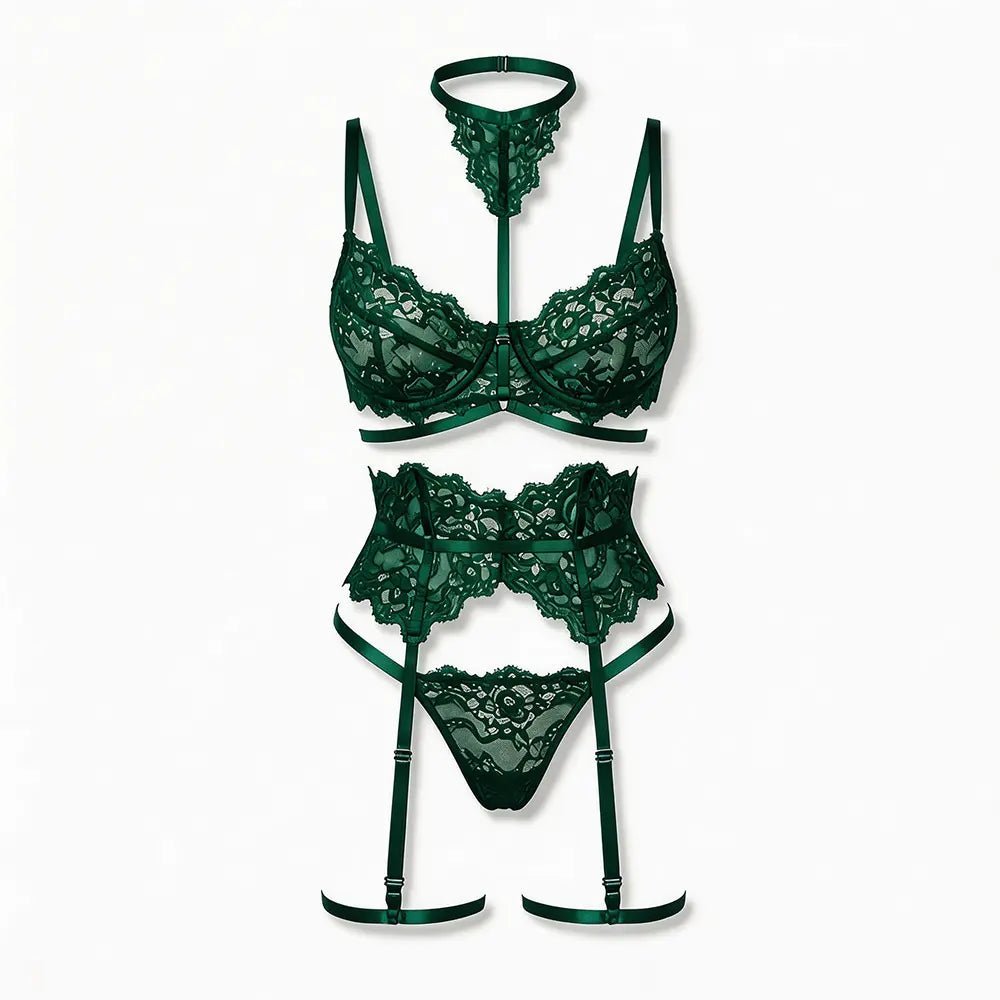 Tiffanya Lace Lingerie Set with Choker & Garter Belt – Green – Portofino - Tiffanya Store