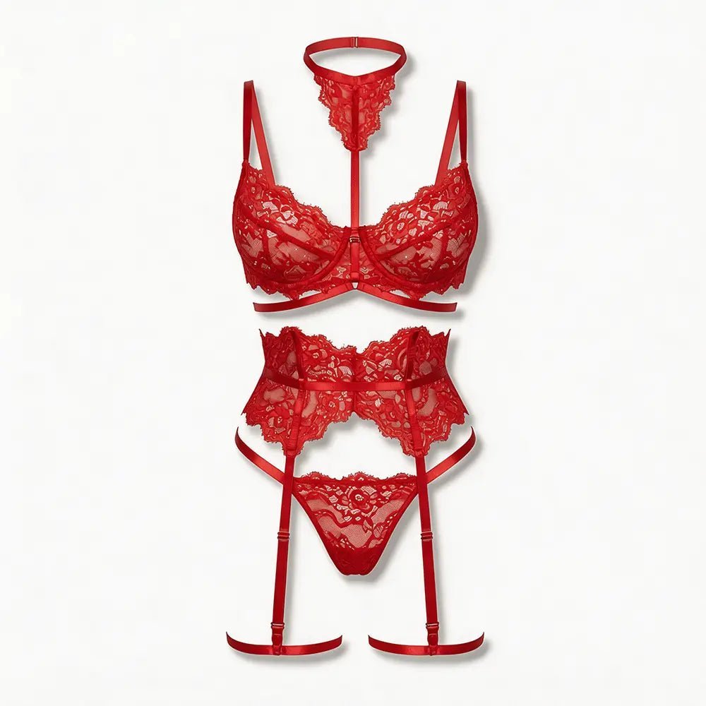 Tiffanya Lace Lingerie Set with Choker & Garter Belt – Red – Portofino - Tiffanya Store