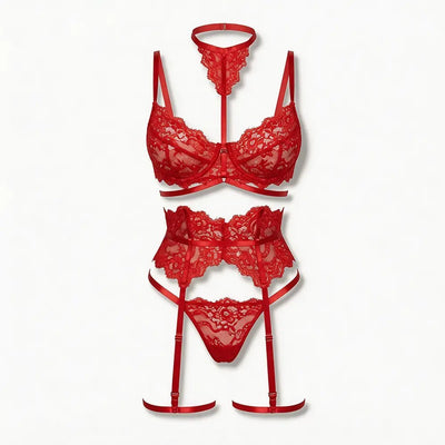 Tiffanya Lace Lingerie Set with Choker & Garter Belt – Red – Portofino