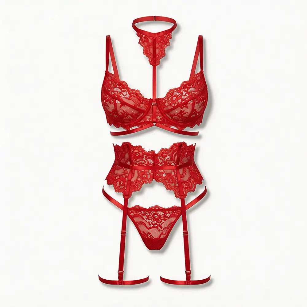 Tiffanya Lace Lingerie Set with Choker &amp; Garter Belt – Red – Portofino - Tiffanya Store
