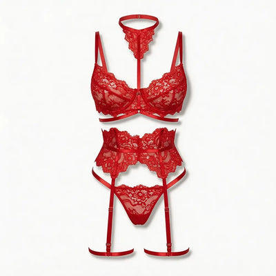 Tiffanya Lace Lingerie Set with Choker & Garter Belt – Red – Portofino