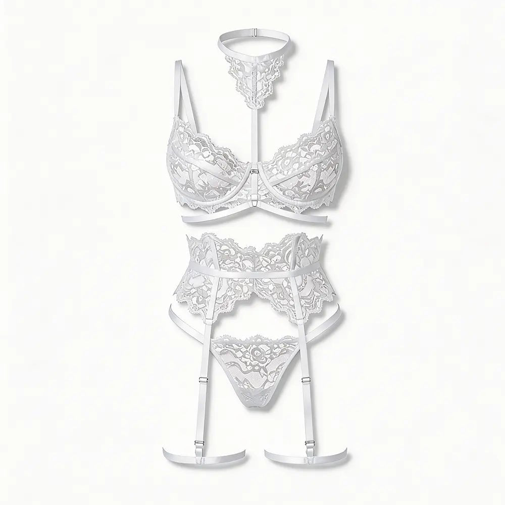 Tiffanya Lace Lingerie Set with Choker & Garter Belt – White – Portofino - Tiffanya Store