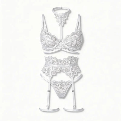 Tiffanya Lace Lingerie Set with Choker & Garter Belt – White – Portofino