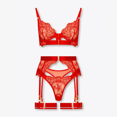Tiffanya Lace Lingerie Set with Garter Belt – Red – Amalfi
