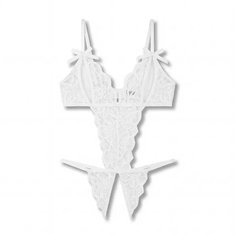 Tiffanya Plunge Lace Crotchless Bodysuit – White – St-Tropez - Tiffanya Store